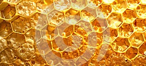 Golden Honeycomb with honey close up. Natural beeswax pattern. Texture. Concept of apiculture, natural design
