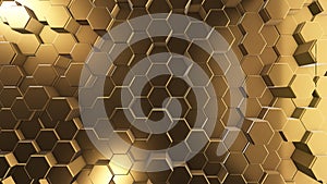 Golden honeycombs, hexagon surface, abstract 3d background and texture, render image for internet design