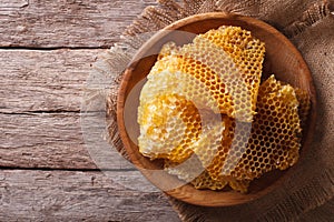 Golden honeycombs on a wooden plate. Horizontal top view