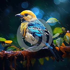 Golden-hooded Tanager Tangara larvata exotic tropical blue bird with gold head from Costa Rica. Wildlife scene from nature