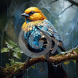 Golden-hooded Tanager Tangara larvata exotic tropical blue bird with gold head from Costa Rica. Wildlife scene from nature photo