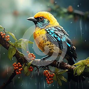 Golden-hooded Tanager Tangara larvata exotic tropical blue bird with gold head from Costa Rica. Wildlife scene from nature photo