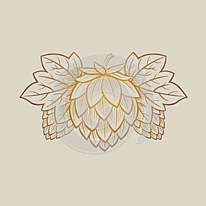 Golden Hop Cone. Hop cone logo. Beer Cones Illustration. Three Hops and Leaves.