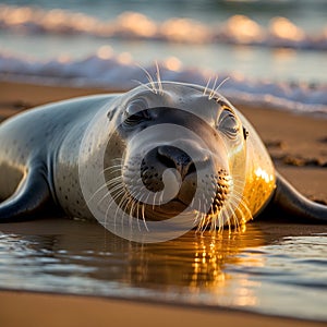 Golden Horizons: A Hawaiian Monk Seal\'s Sunset Silhouette photo