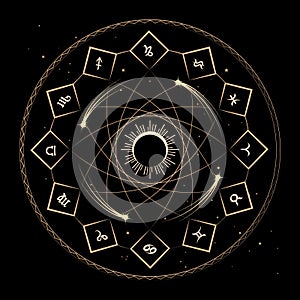 Golden Horoscope Circle with Signs of Zodiac Esoteric Illustration