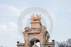 The golden horse figures of the Cascada Monumental in the Ciutadella Park or Parc de la Ciutadella in Barcelona, Spain.