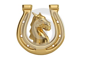 Golden horse head in golden horseshoe isolated on white background 3D illustration.