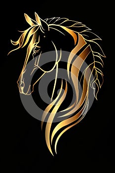 Golden horse head logo illustration on black background. Emblem, icon for company or sport team branding