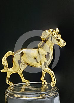 Golden Horse Statue On Black Background.