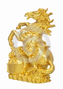 Golden Horse Statue Stepping on money Isolated