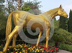 A Golden Horse Statue in White Horse Monastery in Luoyang City