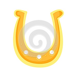 Golden horseshoe cartoon isolated object. Lucky talisman symbol.