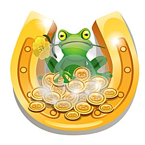 Golden horseshoe, coins and a frog with a flower in his mouth isolated on white background. Vector cartoon close-up