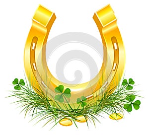 Golden Horseshoe and coins on grass clover. Patricks Day symbols