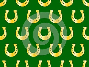 Golden horseshoes on green background seamless pattern. Good luck symbol. Festive design for St. Patrick\'s Day