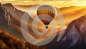 A golden hot air balloon soaring over a valley.