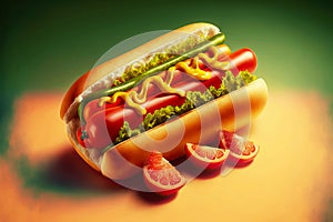 Golden hotdog bun with boiled sausage drenched mustard and lettuce leaf