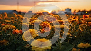 Golden Hour Airport A Stunning Meadow Of Yellow Dahlia Flowers