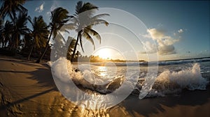 Golden Hour Beach with Palm Trees and Waves