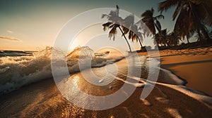 Golden Hour Beach with Palm Trees and Waves