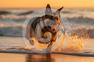 Golden Hour Beach Run: Dog Chasing Ball with Waves and Sunset