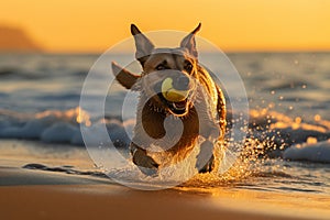 Golden Hour Beach Run: Dog Chasing Ball with Waves and Sunset