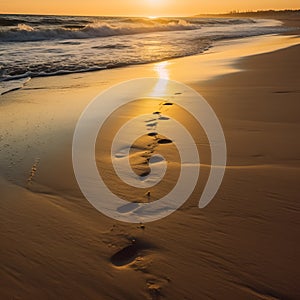 Golden hour beach, sharp focus on footprints in wet sand, warm colors by Generative AI