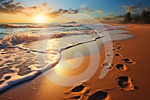 Golden hour beach, waves, and footprints create a serene tableau