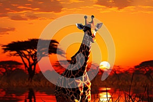 Golden hour beauty Giraffe silhouette, Africas wildlife in vivid freedom