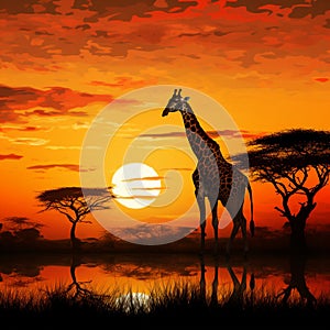 Golden hour beauty Giraffe silhouette, Africas wildlife in vivid freedom