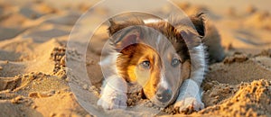 Golden Hour Bliss: A Collie Puppy's Serene Moment on Sandy Beach Generative AI