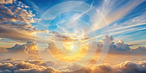 Golden hour celestial canvas a serene panorama of clouds and sky at sunset. Generative AI