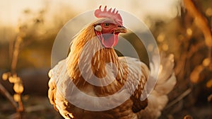 Golden Hour Chicken: A Stunning Portrait Of A Laying Hen In A Field photo