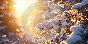 Golden Hour Christmas Forest Scene with Snowfall for Holiday Magic Winter Wonderland and Christmas Design Projects photo