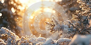 Golden Hour Christmas Forest Scene with Snowfall for Holiday Magic Winter Wonderland and Christmas Design Projects photo