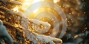 Golden Hour Christmas Forest Scene with Snowfall for Holiday Magic Winter Wonderland and Christmas Design Projects photo