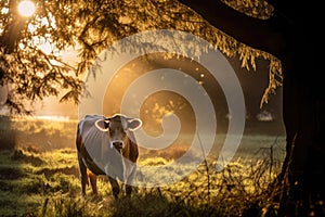 Golden Hour: A Cow Grazing in the Tranquil Morning Light of the Field
