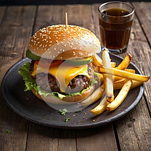 Golden Hour Double Cheeseburger A Savory Delight Bathed in Warm Light on a Rustic Plain photo