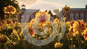 Golden Hour: English Major\'s Dream - A Field Of Yellow Flowers Surrounding A Classic Academia Building