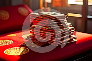 Golden Hour Envelopes on Velvet Pillow photo