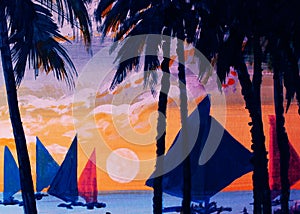 Golden Hour Fascinating Coconut Tree with a Wind Boat Acrylic Painting on the Spot photo