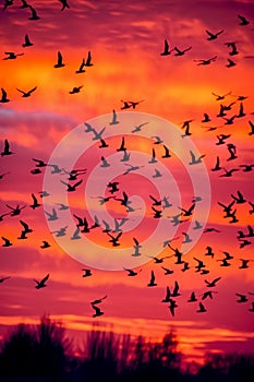 Golden Hour Flock: Silhouette Birds in Colorful Sunset Sky photo
