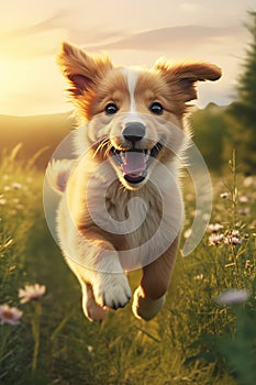 Golden Hour Fun: Smiling Puppies Race through Flower-Filled Fiel