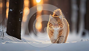 Golden Hour Glamour: A Chubby Kitty Cat Kitten Strutting Through Snow with Attitude