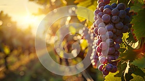 Golden Hour Glow Over Lush Vineyard Offering Bountiful Harvest of Ripe Grapes