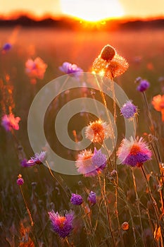 Golden Hour Glow. Warm, soft light of the setting sun illuminating delicate wildflowers