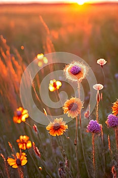 Golden Hour Glow. Warm, soft light of the setting sun illuminating delicate wildflowers