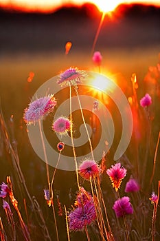 Golden Hour Glow. Warm, soft light of the setting sun illuminating delicate wildflowers