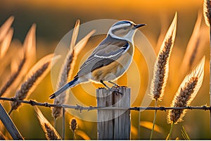 Golden Hour Glow: Wheatear Perched on Rustic Fence Post, Intricate Feathers Illuminated