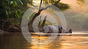 Golden Hour Hippos in Jungle River